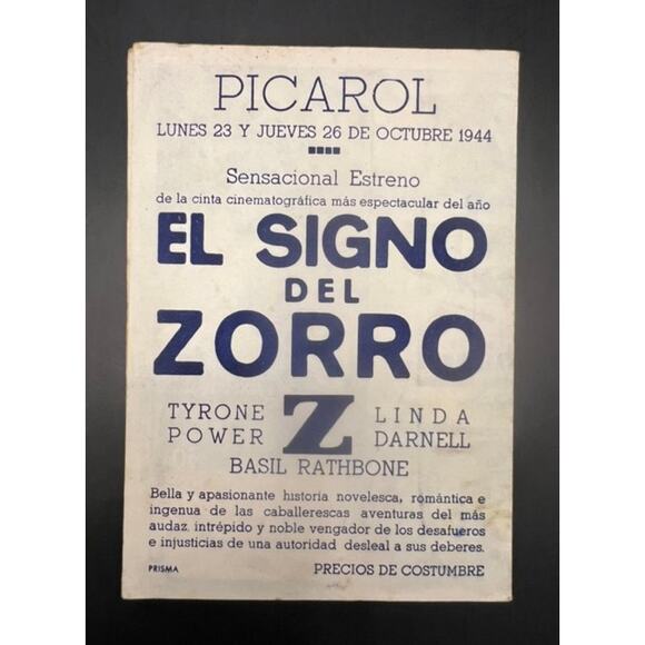 1940s Spanish Mark of Zorro Movie Herald Handbill Tyrone Power, Basil Rathbone - Picture 3 of 4
